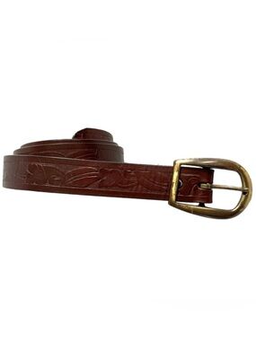 Vintage Western Leather Belt Brown Tooled Floral Brass Buckle 36 Boho